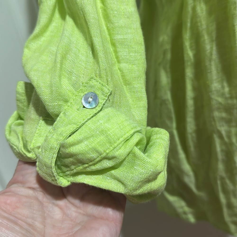SIGRID OLSEN Linen Shirt Green L/S Roll Cuff V Neck Point Collar S Small EUC $98 - Picture 7 of 13